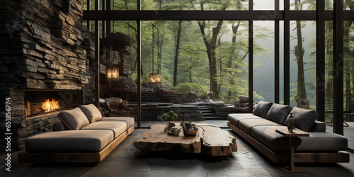 Interior Design, Living room with serene nature view, Beautiful mansion design in the forest © AlexCaelus