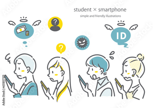 スマホのトラブルで困る大学生　シンプルでお洒落な線画イラスト