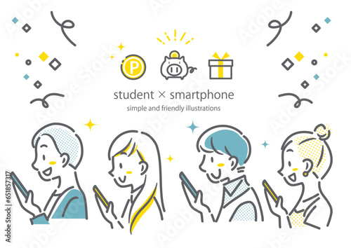 スマホに満足な大学生　シンプルでお洒落な線画イラスト