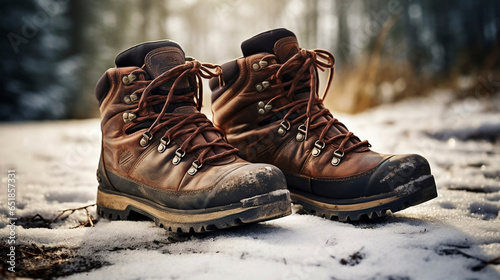stockphoto, Hiker's Boots in the snow. Empty used hiking boots standing on the soil in a snowy landscape. Hiking boots in a alpine landscape. Hiking, exploring. Wanderlust. 