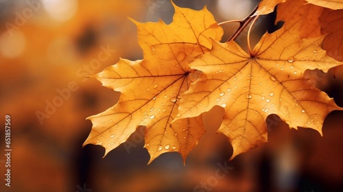 Autumn maple leaves with drops of water on blurred background  close up