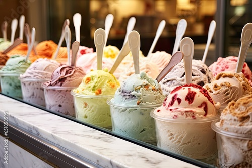 Classic italian gourmet various gelatos ice cream display in shop photo