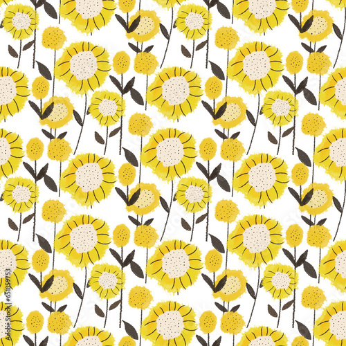 Seamless pattern with hand drawn sunflower on grid cells background illustration. Cute floral print.