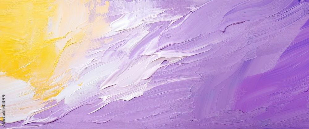Closeup of purple and yellow art painting texture. Pallet knife paint on canvas, artistic abstract background, wide banner, wallpaper.