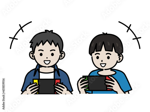 一緒にゲームをして遊ぶ男の子のイラスト