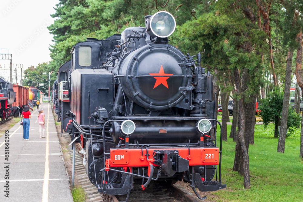 Fototapeta premium Brest, Belarus - 08.25.2023 - Visitors at the railway museum. Outdoors