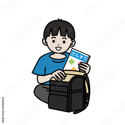 学校に行く準備をする男の子のイラスト