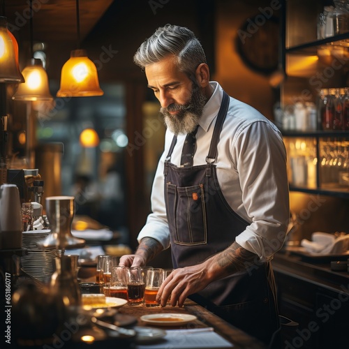 A barista prepares coffee from a kitchen appliance. Drink with Caffeine. Male person working at the bar counter. Coffee maker in uniform apron