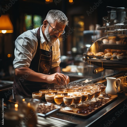 A barista prepares coffee from a kitchen appliance. Drink with Caffeine. Male person working at the bar counter. Coffee maker in uniform apron