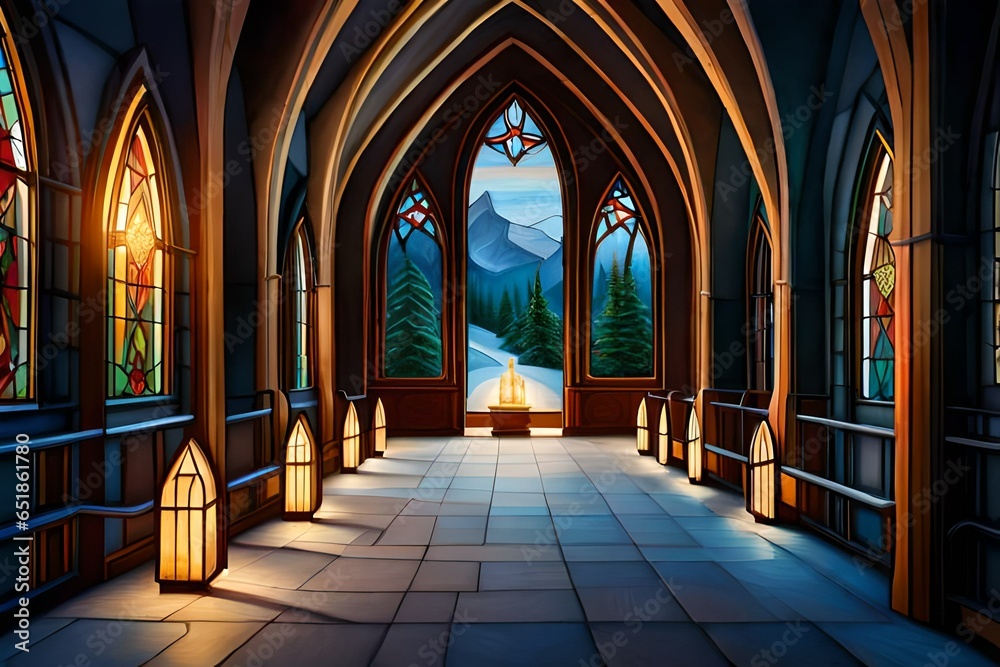 A cozy Christmas chapel nestled in a snowy forest, warm candlelight glowing through the stained glass windows