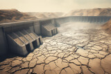 large dam without water, extreme drought across the planet, global crisis, climate change, environment concept, generative ai	