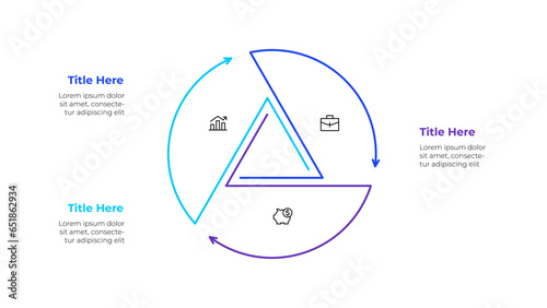 Line chart with a triangle inside. Template for cycle diagram with 3 options, parts, steps or processes