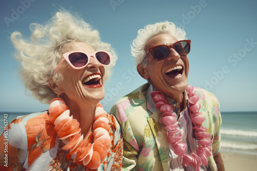 senior couple laughing on the beach © Kien