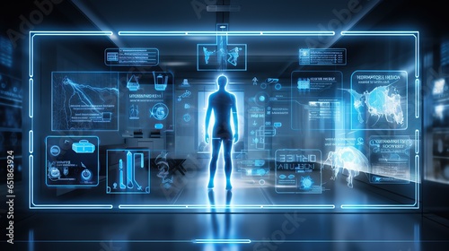 Futuristic medical research room with biometrics diagnosis infographs. Hospital services futuristic concept as wide banner.