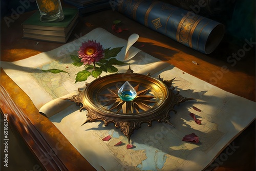 painting of an unfolded US roadmap on library table antique compass one flower petal god rays volumetric lighting fantasy magic detailed realistic  photo
