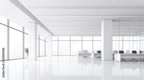 White Open Space Office Interior with Blank Wall