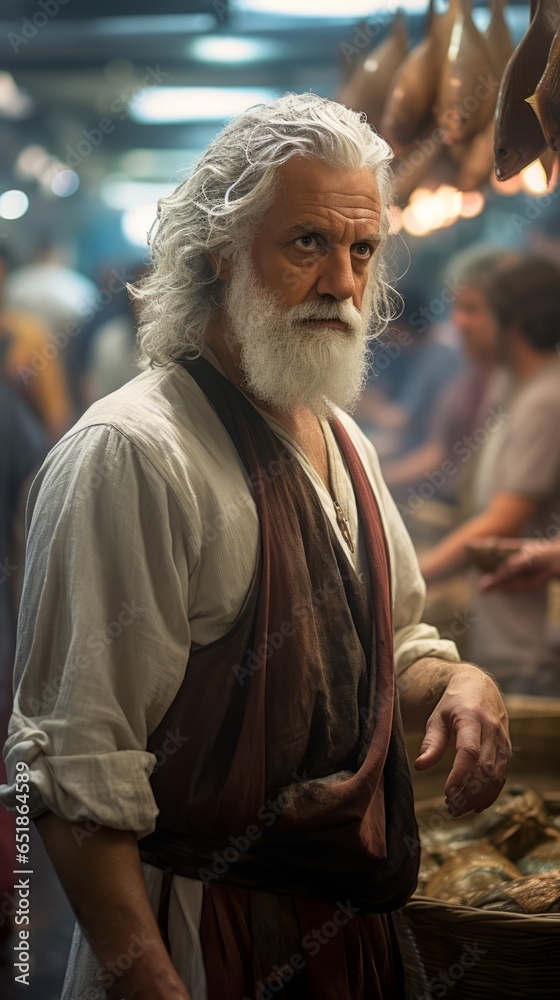 Socrates, a 60-year-old man with gray hair, dressed in ancient Greek clothing, is in a fish market with many people around.