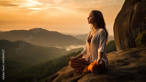 Young Woman Practicing Meditation on a Cliff