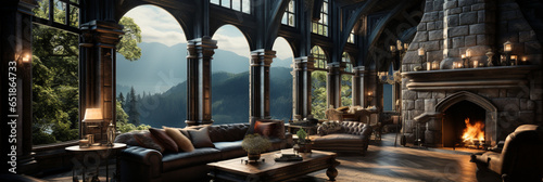 Interior Design, Beautiful Living room Gothic Style, Luxury Mansion, Elegant tall window © AlexCaelus