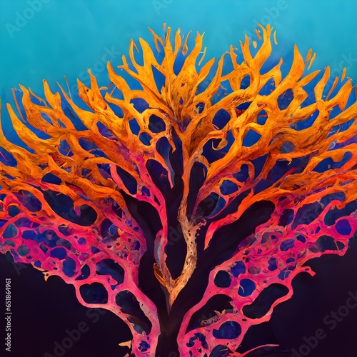 a luminiferous olive tree mixed with a nudibranch Its bark is a coral reef in an alveolar pattern Scaly texture and waxy rendering Minimalist red pink violet blue orange and yellow gradient from 