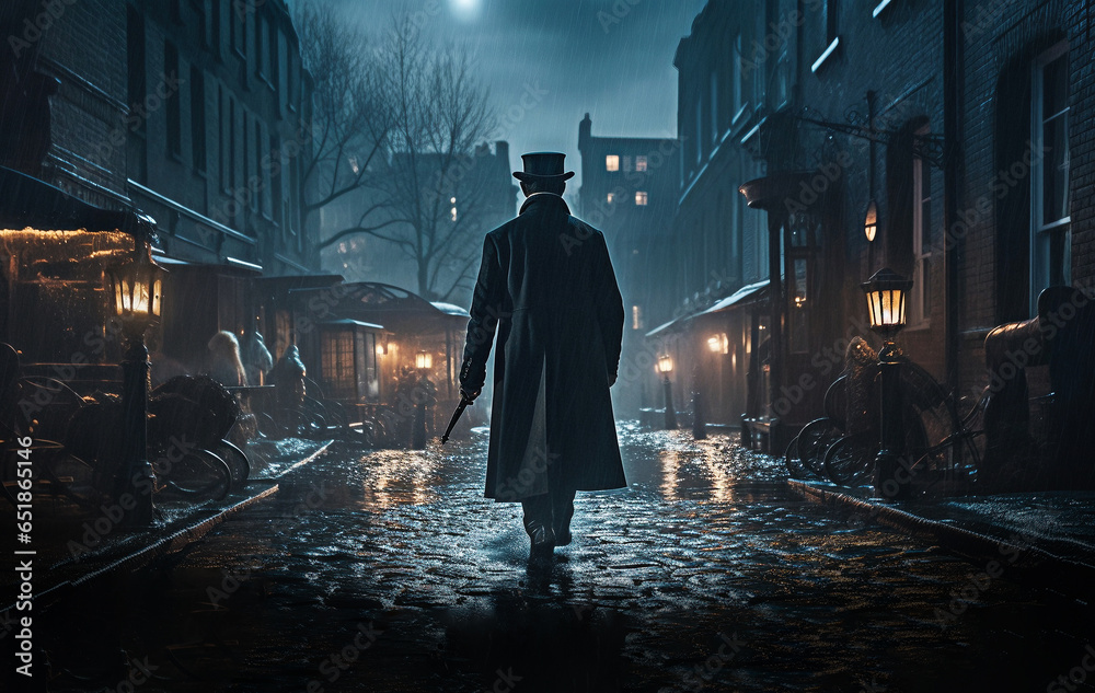 Victorian era private detective walking on street
