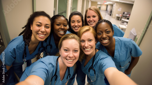 A student nursing team capturing a selfie while engaged in simulation training.