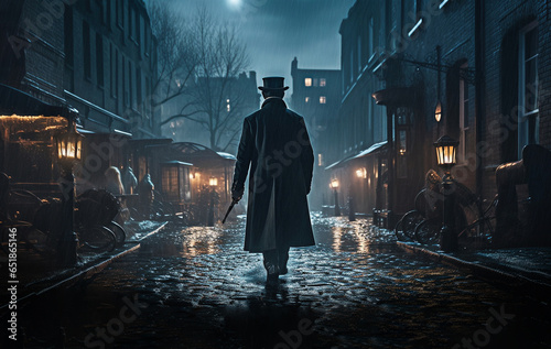 Victorian era private detective walking on street