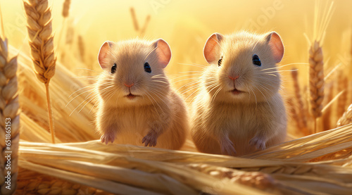 two mouse are standing in wheat field with sunset lighting