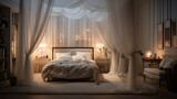 A bedroom with a four-poster bed, sheer curtains, a cozy reading corner