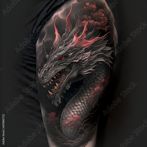 dragon Japanese style 8k black and grey with some red color long body hyper realistic 