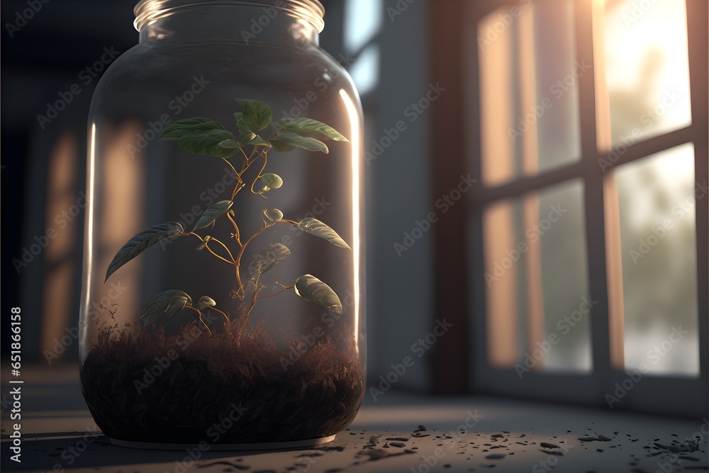cinematic 4k 3d render photorealistic hyperealistic CGI 4K fully detailed unreal engine seedling in pot inside greenhouse  - obrazy, fototapety, plakaty 