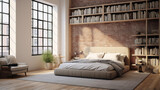 A bedroom with a platform bed, a wall of built-in bookshelves, a cozy reading nook by the window, an exposed brick accent wall, and a minimalist color scheme