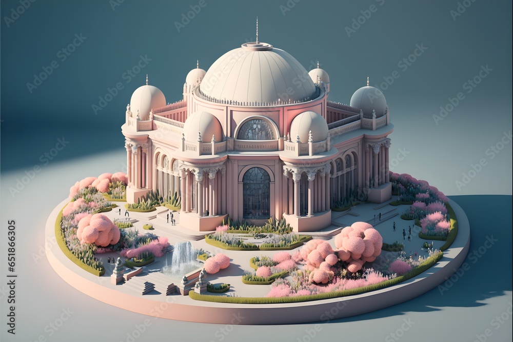 isometric diorama of exterior of the huge palace with pastel pink and white colors near by beautiful music garden with grass flowers futuristic train station and rails highly detailed rendered in  - obrazy, fototapety, plakaty 