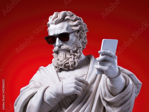 Zeus white bust statue wearing sunglasses holding smartphone