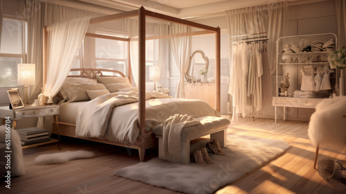 A bedroom with a canopy bed draped in gauzy curtains photo