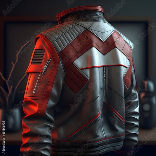 A retrofuture jacket with red sleeves and a gray body photo realistic realism dynamic hyper realistic ultra realistic cinematic shot pro photo RGB superresolution 70mm lens intricate details 8K 