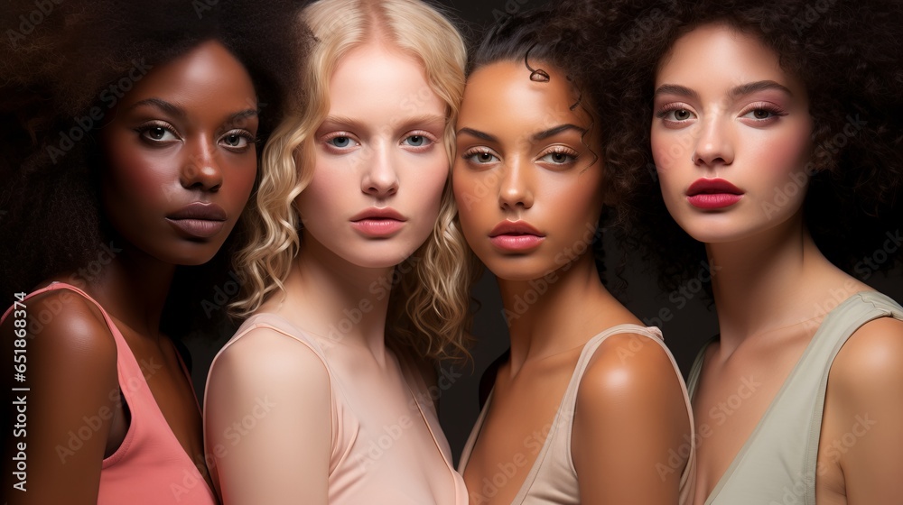 Female models of different skin colors and nationalities pose together. Beautiful girls with the appearance of beauty standards. Faces close up Female models of different skin colors and nationalities pose together. Beautiful girls with the appearance of beauty standards. Faces close up