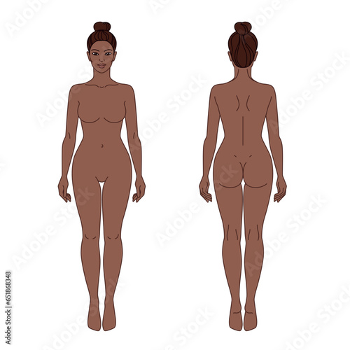 Woman body front and back view vector illustration. African American, Black girl. Isolated outline line contour color template girl without clothes.
