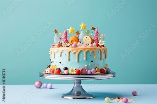 Festive birthday colorful cake decorated with sweets, macarons on a blue background.