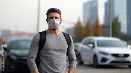 A young man wears an N95 mask to protect against PM 2.5 dust and air pollution. Behind there are cars passing by and there is a thin stream. © somchai20162516