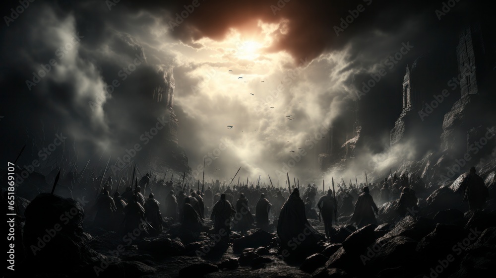 A cinematic medieval battle scene with dramatic clouds and lighting - obrazy, fototapety, plakaty 