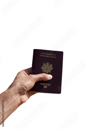 Woman's hand with French and European passport on white or transparent background, perfect for travel themed concept