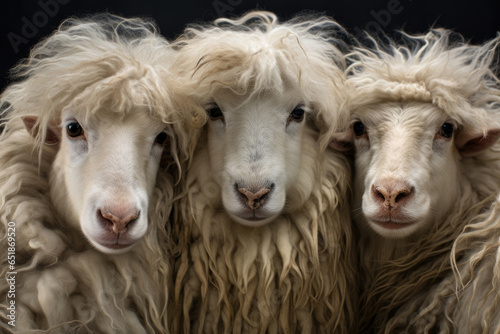 Group of long-haired sheeps close up