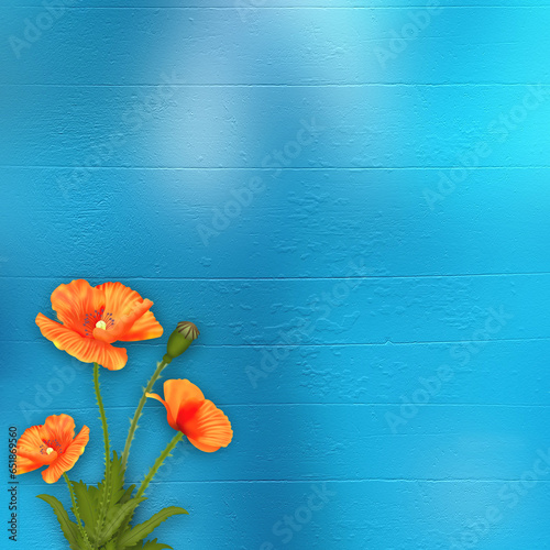 Poppies on the blue abstract background