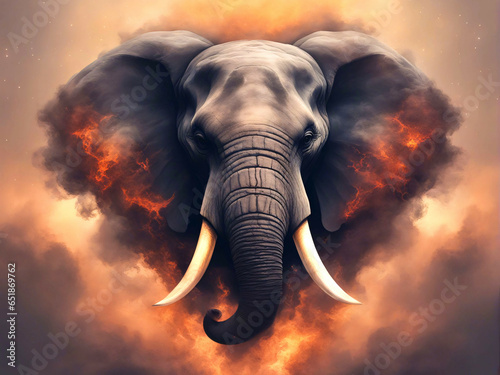 Portrait of elephant head surrounded by smoke.