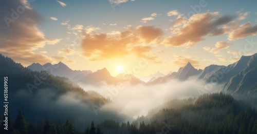 natural fog and mountain scene bathed in sunlight, showcasing misty waves and warm color