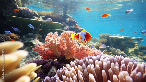 The coral reef is beautiful with sea anemones and clown fish