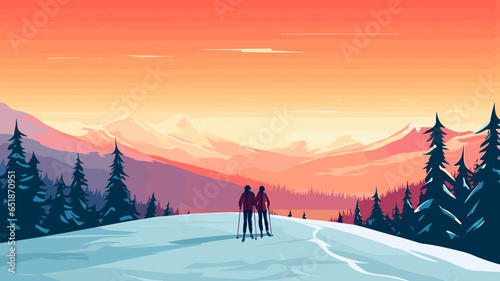 Bild auf Leinwand simple vector illustration, copy space, simple colors, 2 persons cross-country skiing