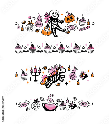 Cute frame with Halloween characters and other holiday attributes. Vector illustrations for frame, stickers and decorative tapes. Scrapbooking.