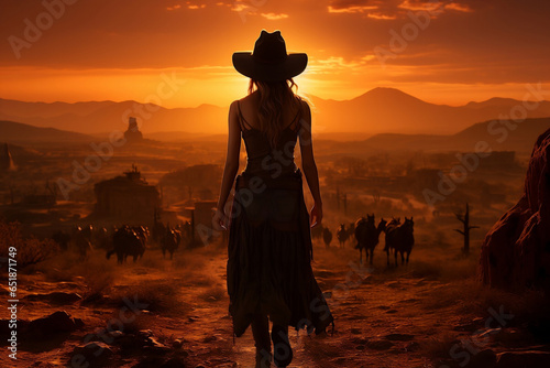 woman, sunrise, western
